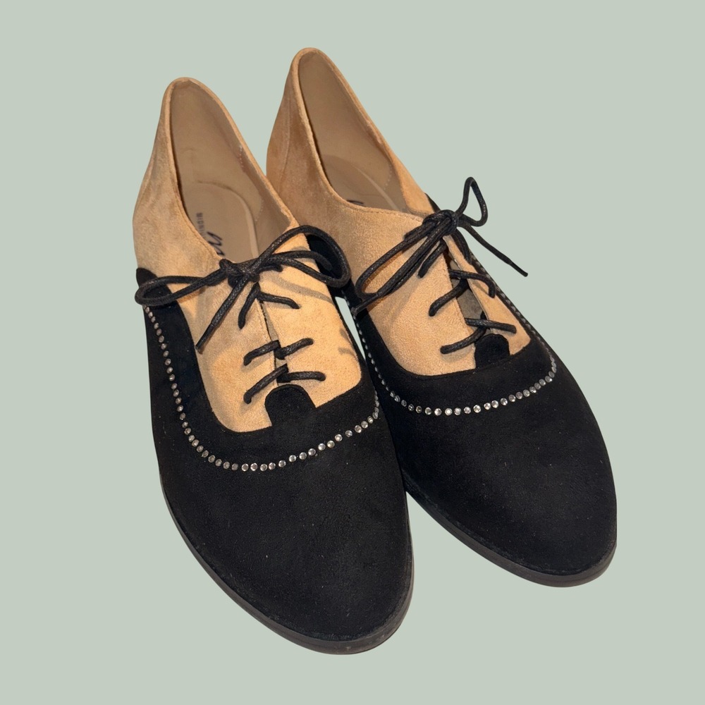 Midnight Velvet Womens Black Tan Rhinestone Suede Oxford Lace Up Shoes Size 10M
